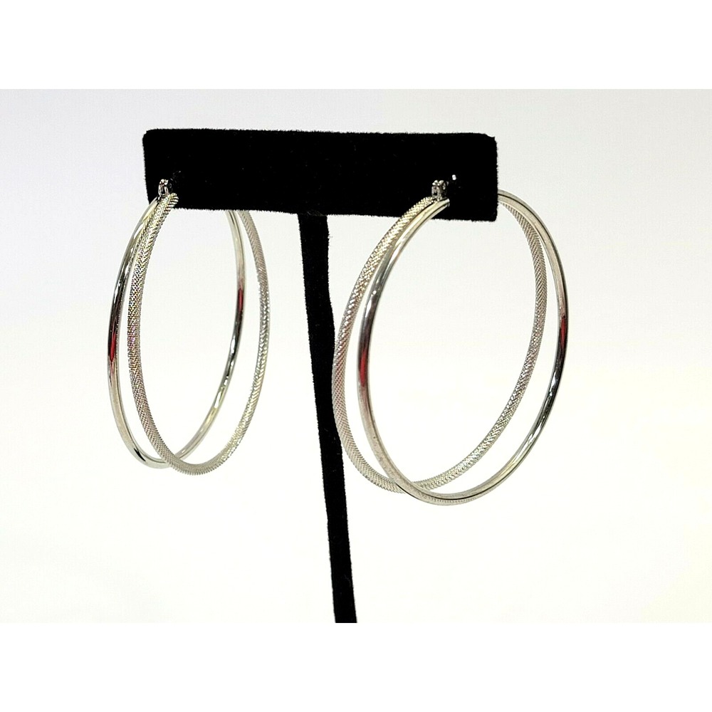 Name Brand Fashion‎ Statement Silver Double Hoop Earrings Jewelry Stylish EUC